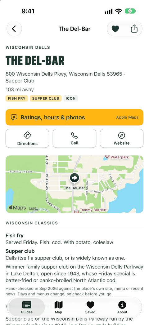 The Del-Bar supper club in Wisconsin Dells in Wisconsin Eats: address, a button for ratings, hours and photos in Apple Maps, and its history since 1943.
