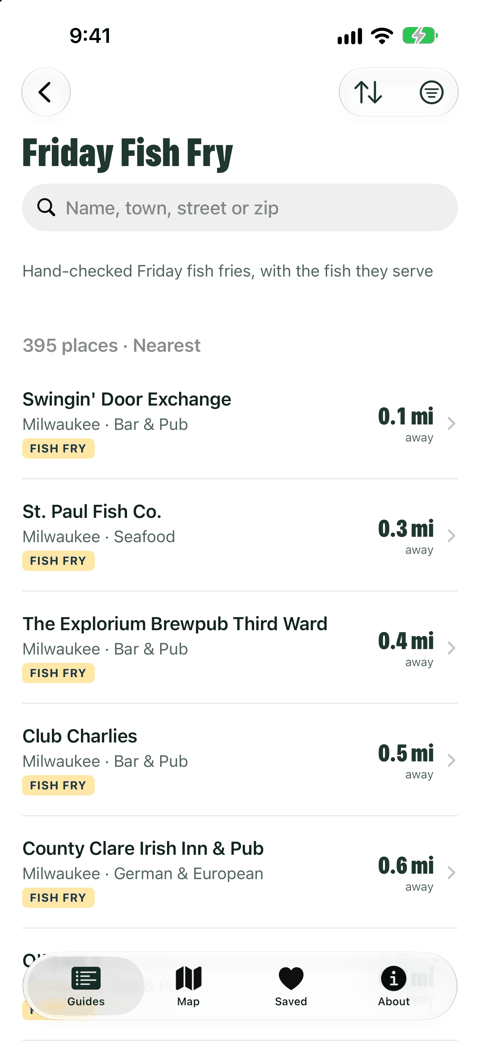 Friday Fish Fry list in Wisconsin Eats, sorted by distance from downtown Milwaukee, with the fish each place serves.