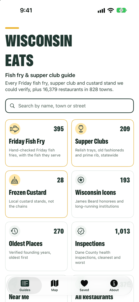 Wisconsin Eats home screen: Friday Fish Fry, Supper Clubs, Frozen Custard, Wisconsin Icons, Oldest Places and Inspections guides, with a search box for every restaurant in the state.